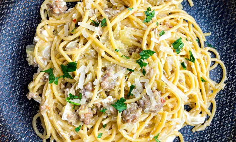 Stracciatella Sausage Pasta with Melted Onions & Fennel - Tastefully Grace